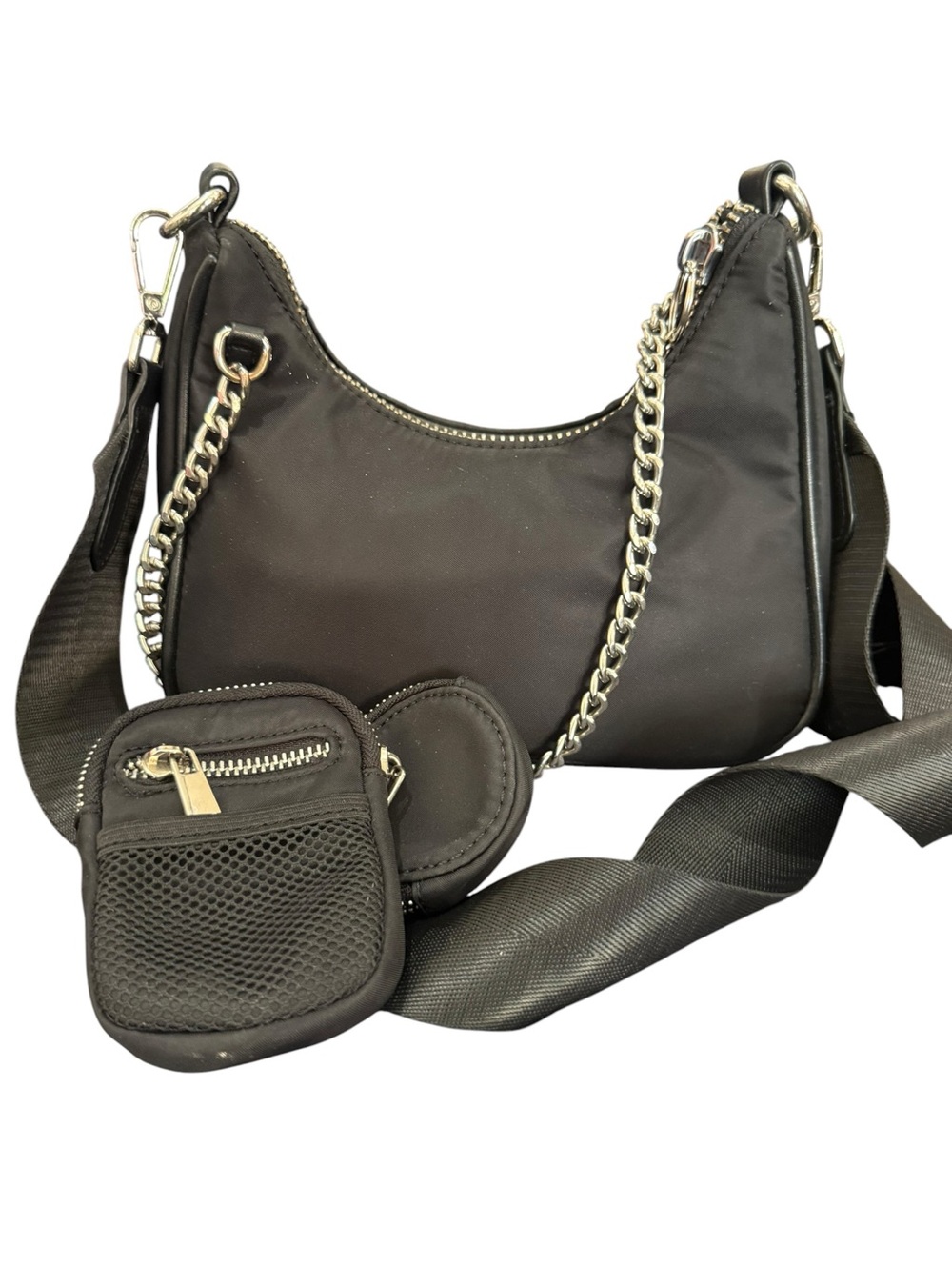 POSTER GIRL Black Nylon Shoulder Bag with Chain and Mini Pouches